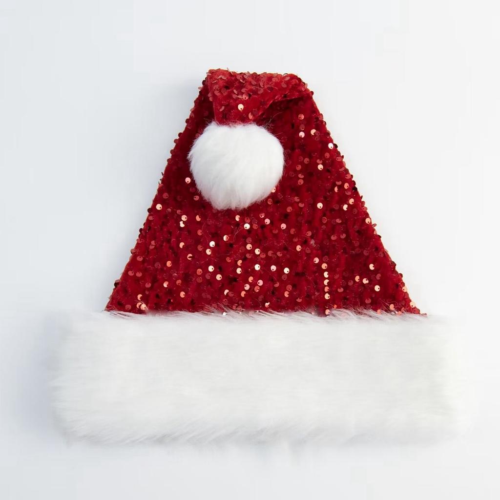 1PC Double-layer Sequined Christmas Hats Christmas Decorations Sequin Plush Hat Plush Thickened Christmas Cap with Fluffy Pompom