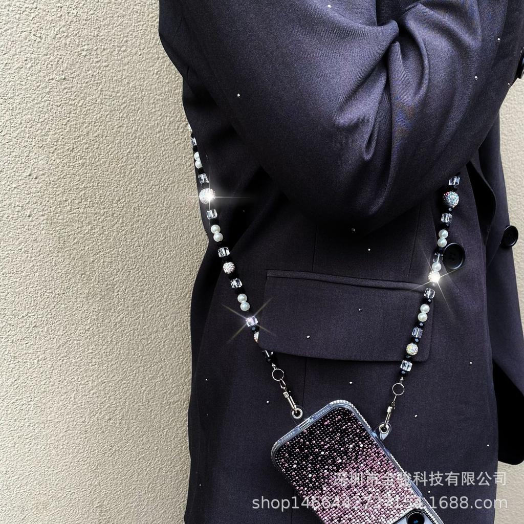 New Crystal Phone Chain High-End Feel Phone Strap Crossbody Wearable Fashion Rhinestone Ball Pearl Neck Strap Wholesale