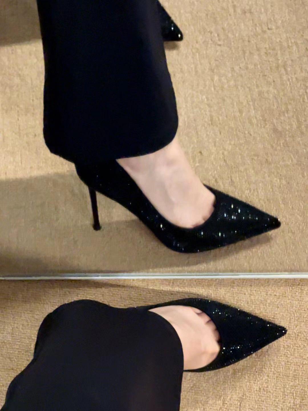 

Черные туфли на высоком каблуке с красной подошвой, женские туфли-шпильки, осень-зима 2024, новые свадебные туфли с блестками и кристаллами, остроносые, профессиональные, сексуальные, одинарные туфли 35