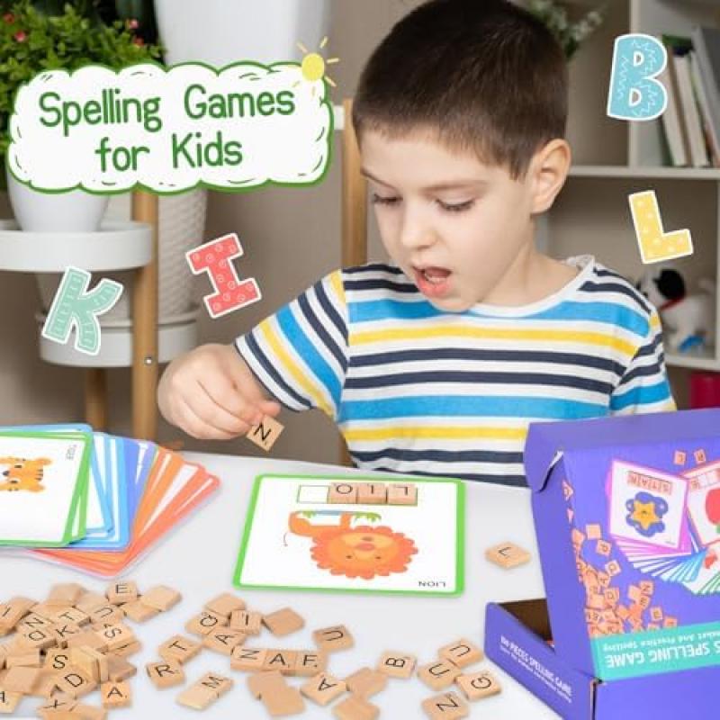 Montessori Alphabet Learning Toy Set for Kids Ages 3-7, Spelling Game with 100 Wooden Letters, 30 Double-Sided Cards & Storage Bag, Educational Gift