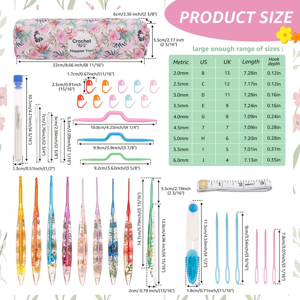 9/12 Pcs Crochet Hook Set Ergonomic Crochet Hooks with Storage Bag Floral Resin Plastic Practical Crochets Hooks Set for Weaving
