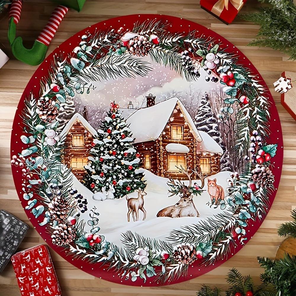 Christmas Magic: Festive Round Rugs with Snowy Cottages, Santa, and More! Bedroom room floor mats New Year home decoration
