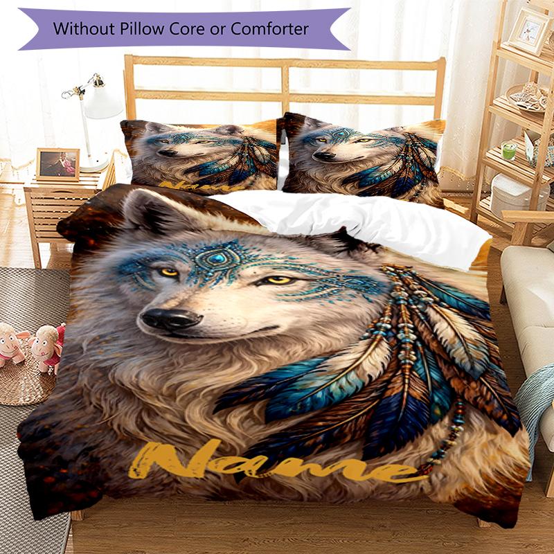 3pcs Custom Name Wolf Bedding Set Duvet Cover Closure Includes 1 Duvet Cover & 2 Pillowcases, Soft and Comfortable for All Seasons.