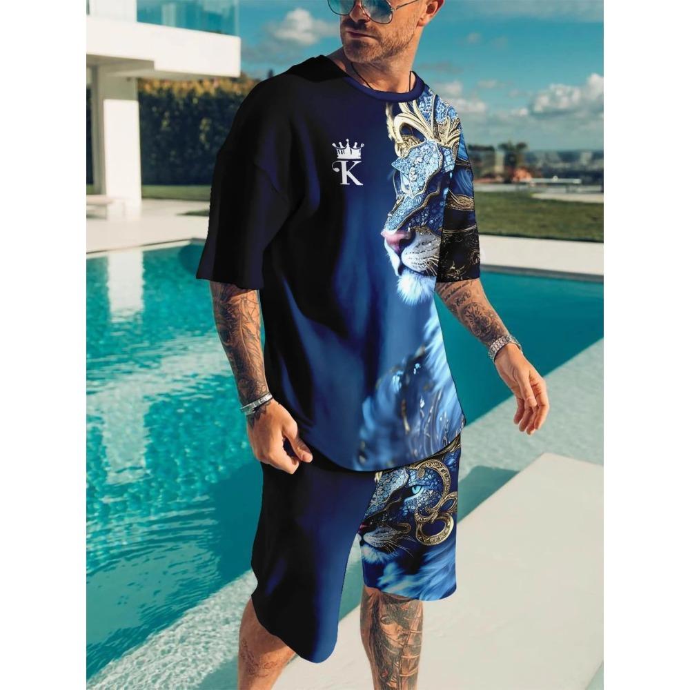 Funny 3D Cat Print Men's Sets Summer Casual O-neck Short Sleeve Tops Shorts 2 Piece Fashion Lion Pattern Suit T-Shirts Outfit