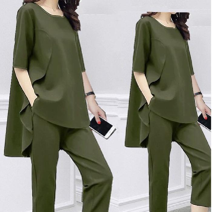 

Летний корейский стиль, большой размер, свободный крой, утягивающий костюм, короткий рукав, повседневные брюки, женский комплект из 2 предметов, модный XS зелёный