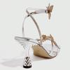 Fashion Luxury Bling Bow Decoration High Heeled Sandals Women Fashion Silver Square Toe Ankle Buckle Heels Elegant Wedding Bridal Shoes
