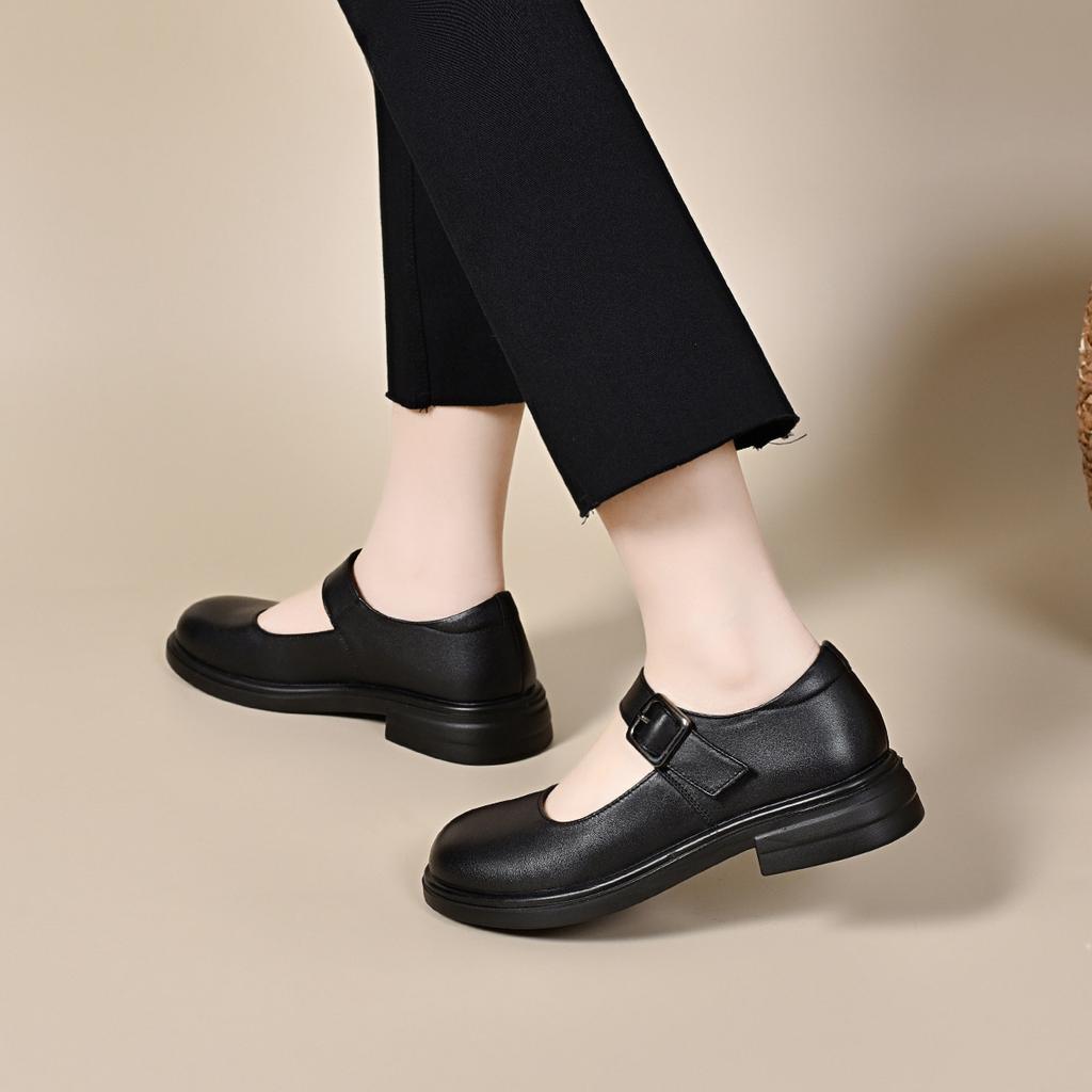 Round Head Mary Jane Shoes Women's First Layer Cowhide One-word Buckle Shallow Mouth Flat Bottom College Style Small Leather Shoes