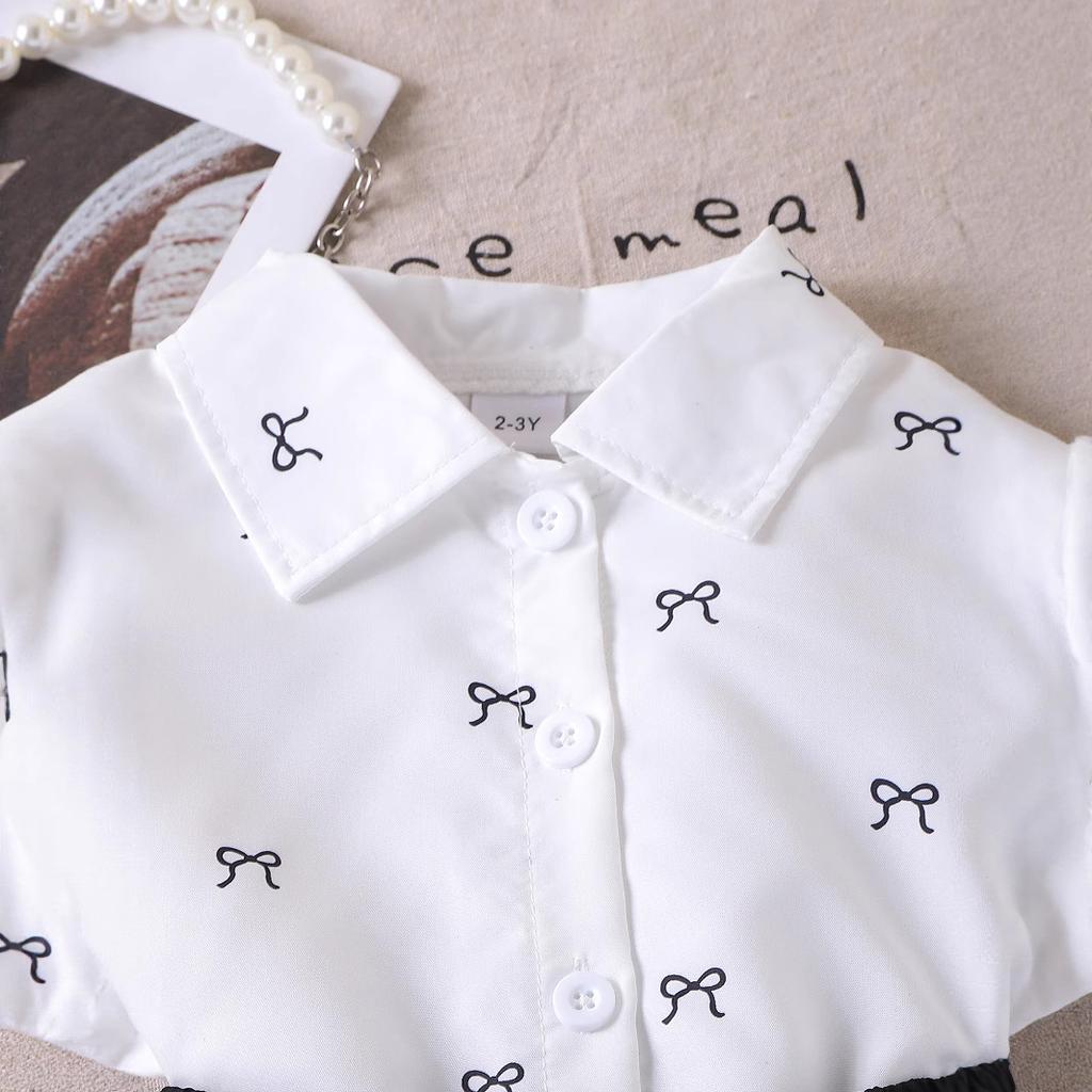 Girls' Fashionable Set Summer Children's Elegant Bow Print Short-sleeved Top + Shorts