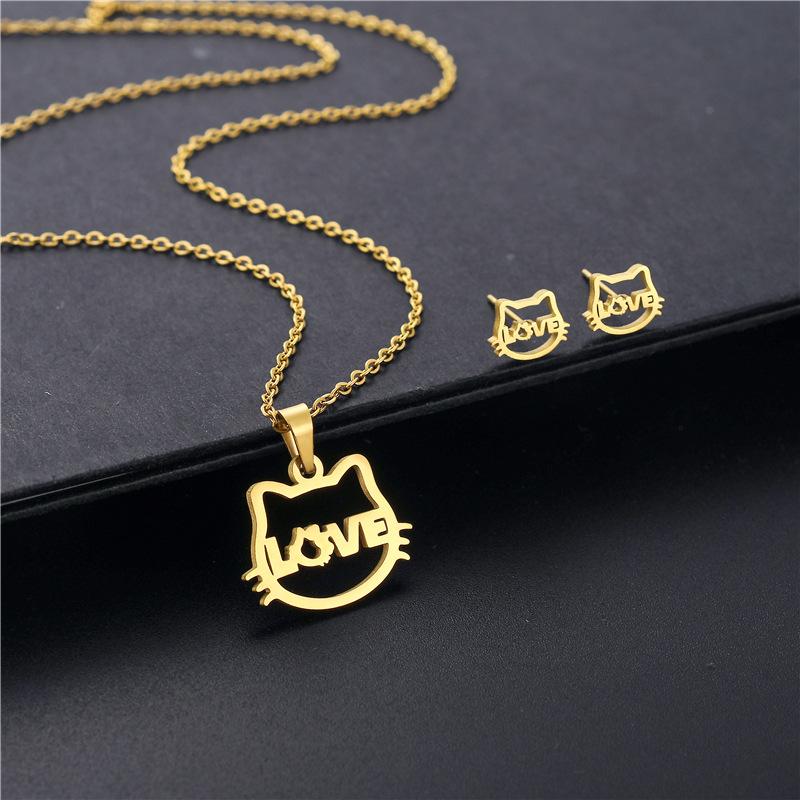 RUI RUI YU Cat Pendant Necklace Earrings Three-piece Kitten Love Sweater Chain Women's Gold-plated Fashion Jewelry Set Chain