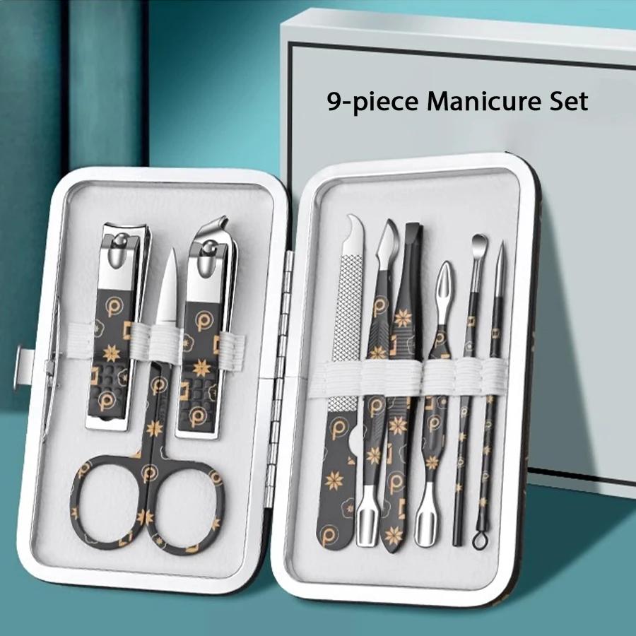 

9-19 шт. Манікюрний набір Професійний набір для нігтів Набір кусачок для нігтів з нержавіючої сталі з портативним коричневим шкіряним дорожнім футляром Розкішний подарунок