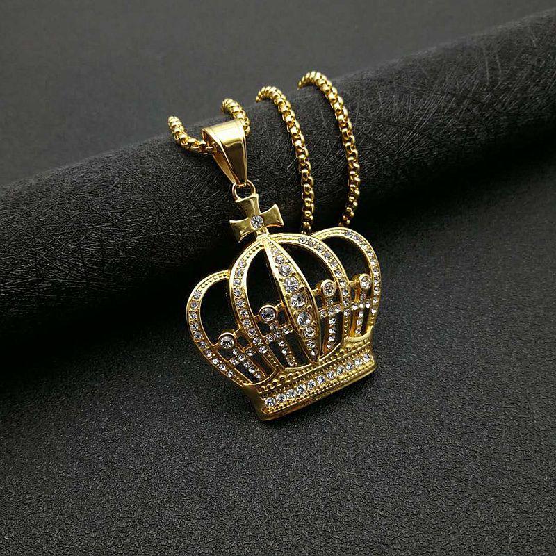 

New Men s Hip Hop Gold Silver 316L Stainless Steel Plated Iced Out Crystal King Crown Pendant Necklace Fashion Jewelry Gift 60cm золотий