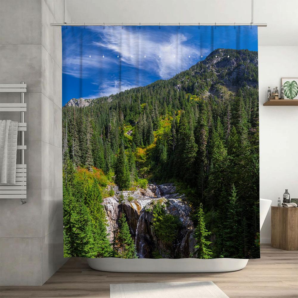 Nature Inspired Shower Curtain with Mountain Landscape Design for Bathroom Decor Blue Sky Forest Greenery 3D Printing Waterproof
