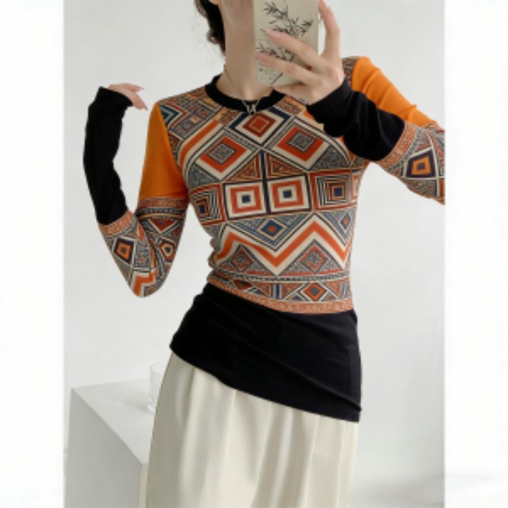 

Europe America Style Fashion Checkered Flower Print Women s T-shirt Pullover Women Long Sleeve Clothing Outdoor Casual Tees Top S