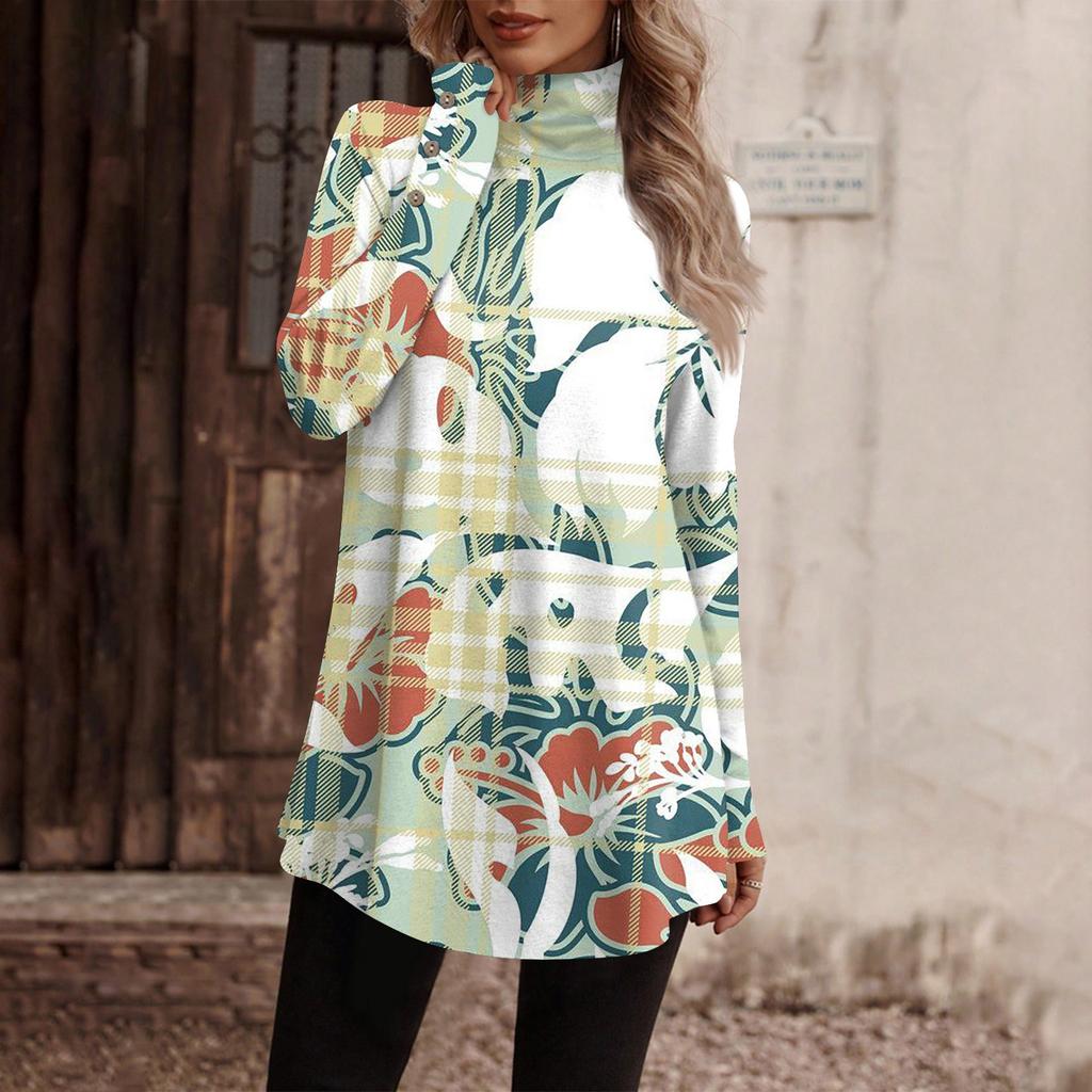Women's Casual Fashion High Neck Button-Down Retro Print Long Sleeve Top