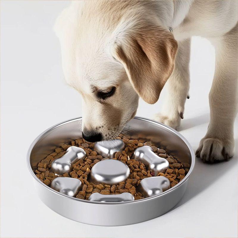 A74E-Stainless Steel Slow Feeder Bowl Anti-Slip Base-For Dogs And Cats Compatible Round
