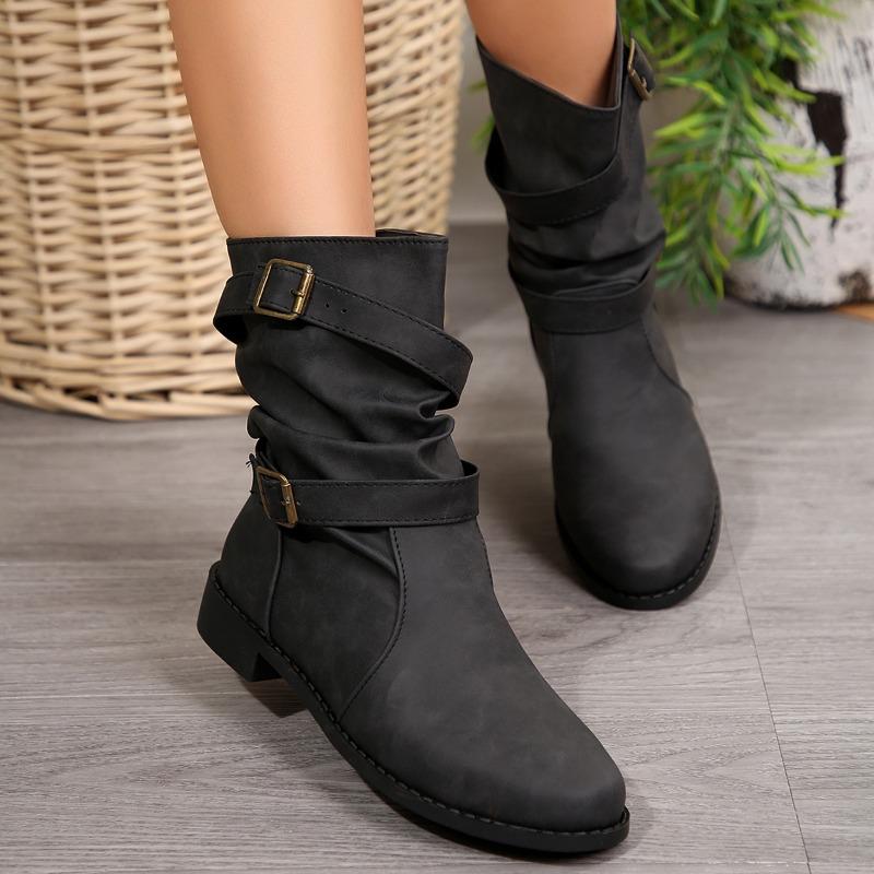 Stivali da donna a suola spessa, stile europeo e americano, con fibbia per cintura autunnale e invernale, fondo piatto, tacco basso, in pelle, sono disponibili.