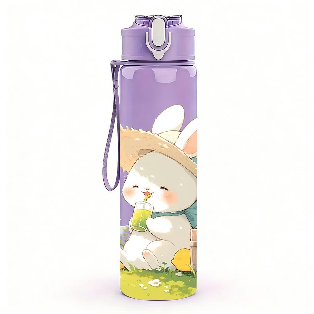 1PC Bunny Picnic Spring Cute Print 750ml Color Plastic Sports Water Bottle Leakproof Flip Straw Lid Suitable for Sports Office Home Use