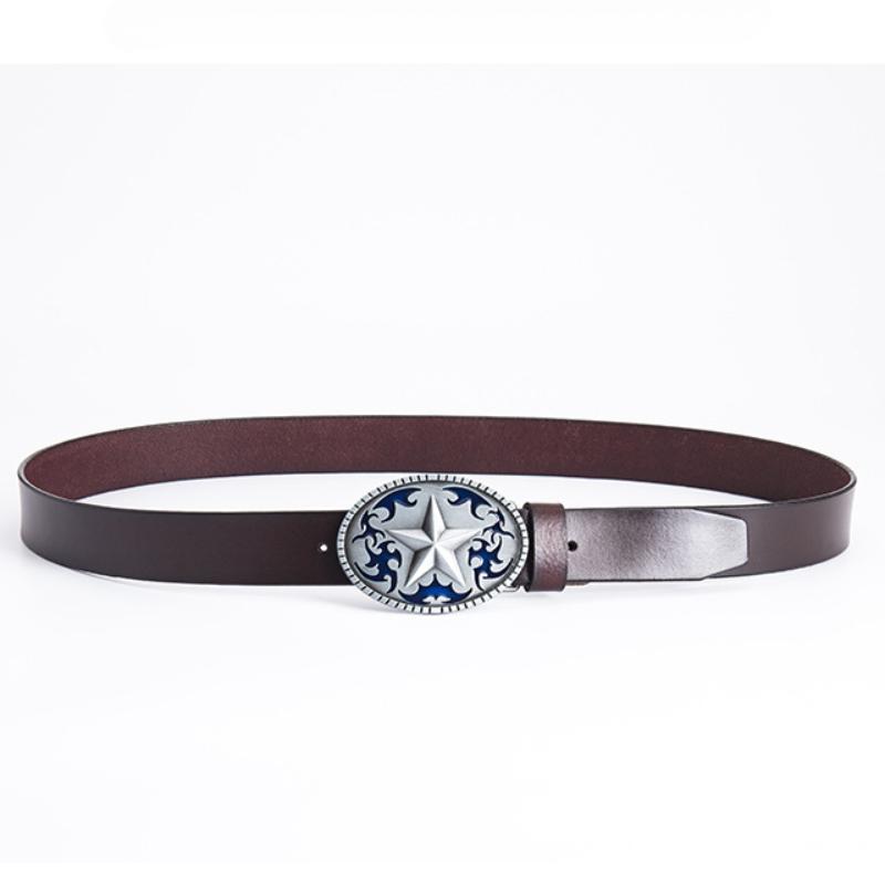 Pentagram Leather Men's Cowhide Belt Retro Smooth Buckle Wide Belt Decorative Belt