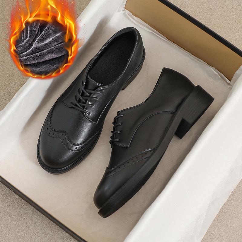 Women's 2024 Autumn British Style Black Leather Lace-Up Flat Loafers with Soft Soles