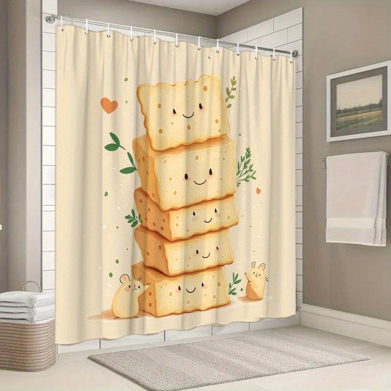 Cheese & Mice Shower Curtain – Playful Cartoon Design with Green Leaves & Hearts, Includes Hooks, Fun Bathroom Decor
