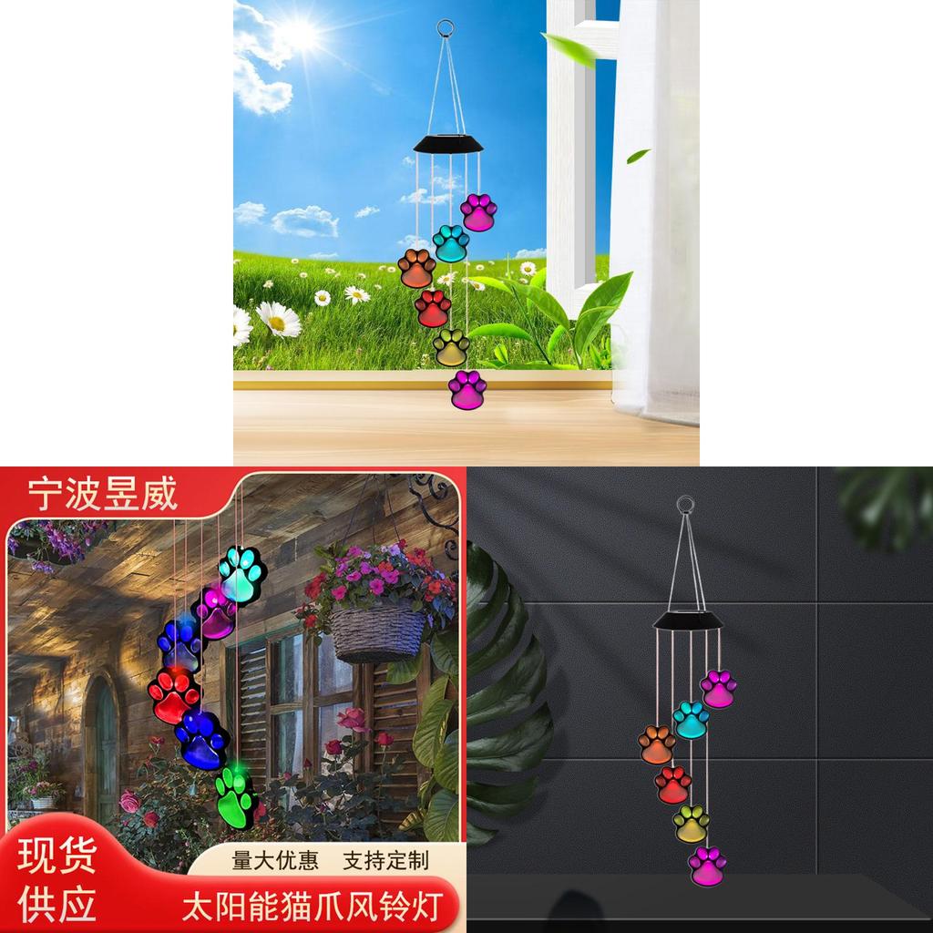Solar Cat Paw Color Changing Wind Chime Light With Led For Garden Outdoor Decor