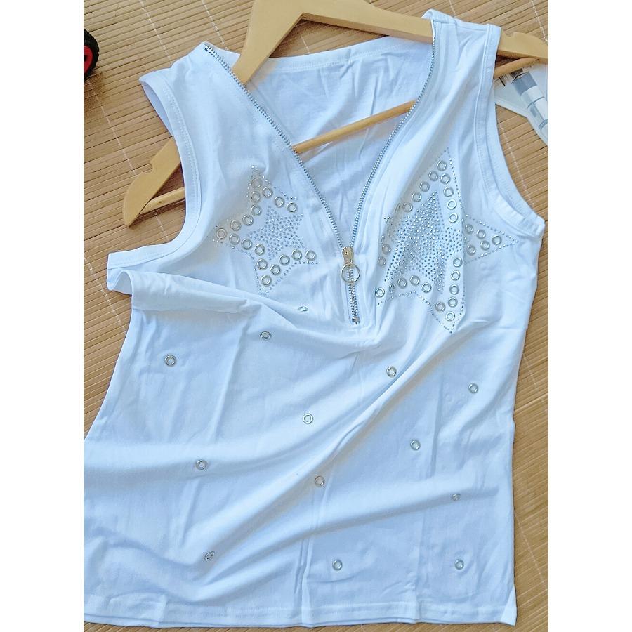 Dámské léto Bavlna Tričko se zipem a výstřihem do V Jednobarevná Flitrovaná vesta Černá Bez rukávů Tenká trička velké velikosti