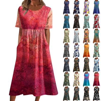 Sommerkleider für Damen, kurzärmelig, Rundhalskleid, modisch, lässig, sexy, Rundhalsausschnitt, bedruckt, Maxi-Split-Kleid