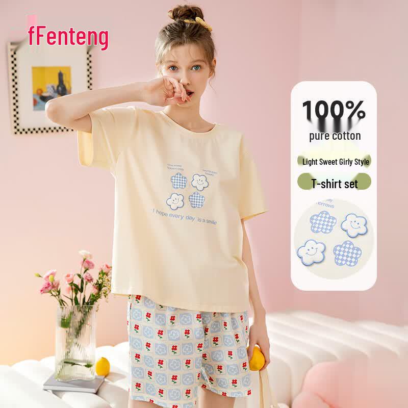 Fenteng Women s Pure Cotton Sweet Short Sleeve Pajama Set L