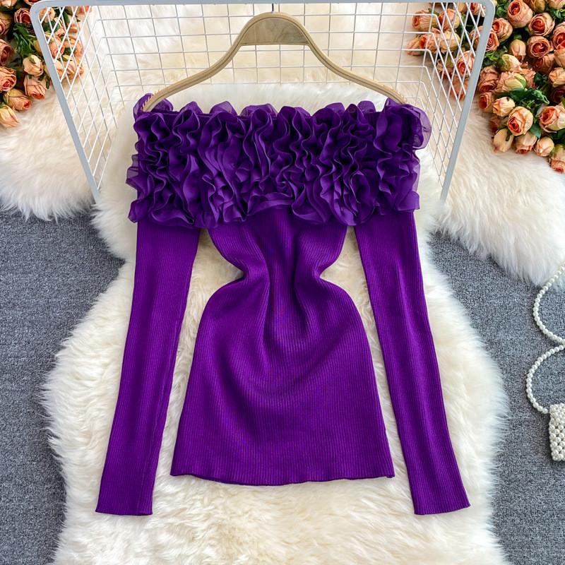 Qooth 3D Floral Off-Shoulder Knit Top Long Sleeve Sweater with Sweetheart Neckline Feminine QT2807 One Size фиолетовый