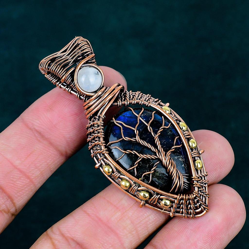 Labradorite Pendant Copper Wire Wrapped Pendant Handmade Birthstone Pendant Tree of Life Jewelry Rainbow Moonstone Jewelry Gemstone Pendant