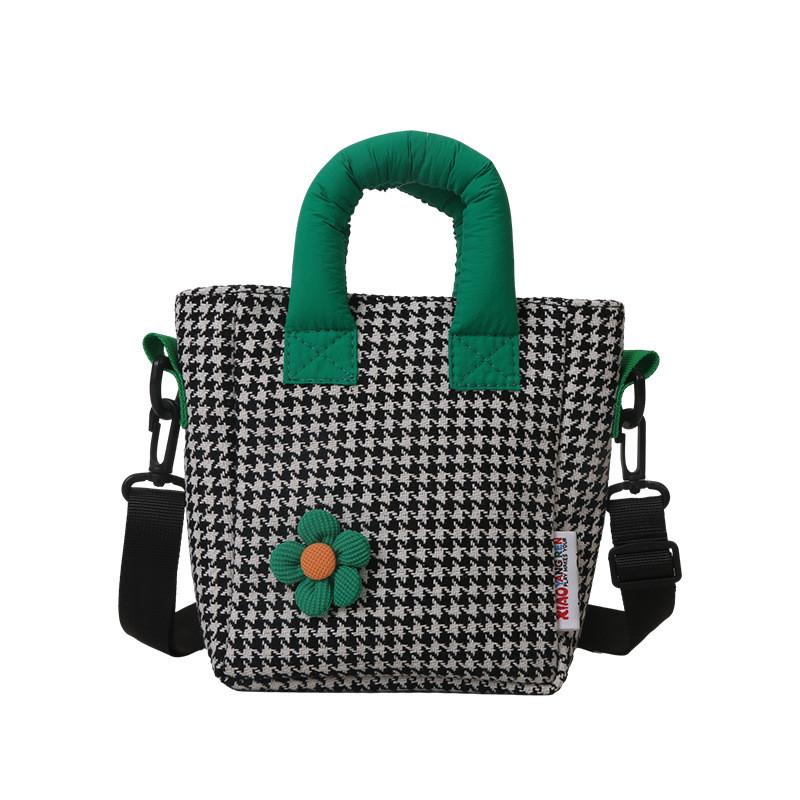 Charming Nylon Floral Rabbit Handbag For Kids Trendy Checkered Shoulder Bag Houndstooth