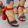 2026 Summer Open Toe Women's Sandals Fashion Buckle Strap New Sequins Plus Size Color Matching Heeled Sandals