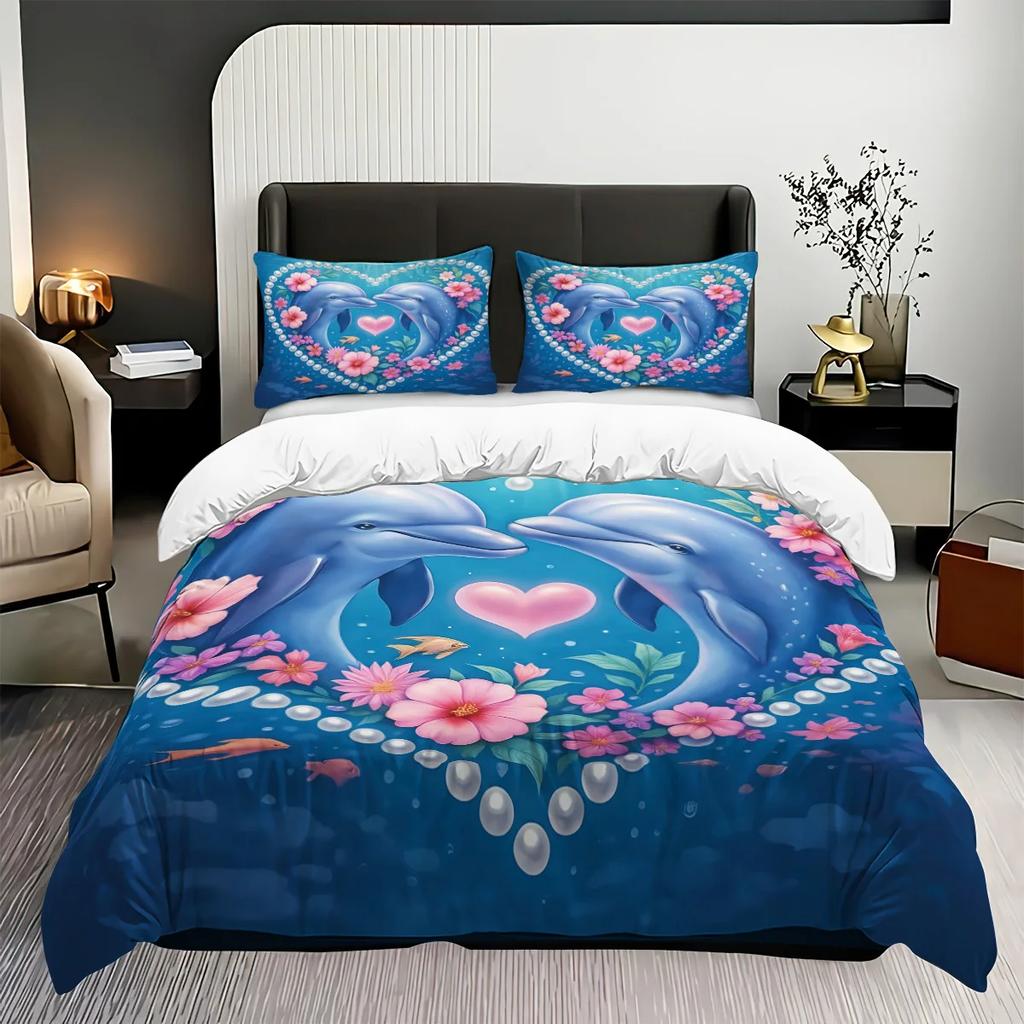3pcs Dolphin Couple Pattern Printed Bedding Set 1*quilt Cover+2*pillowcase Suitable for Couples and Adults Bedrooms