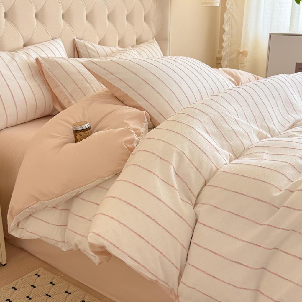 All-Cotton Chenille Jacquard 4-Piece Set: Striped Duvet Cover, Bed Sheet, Fitted Sheet - Simple Washed Cotton Design