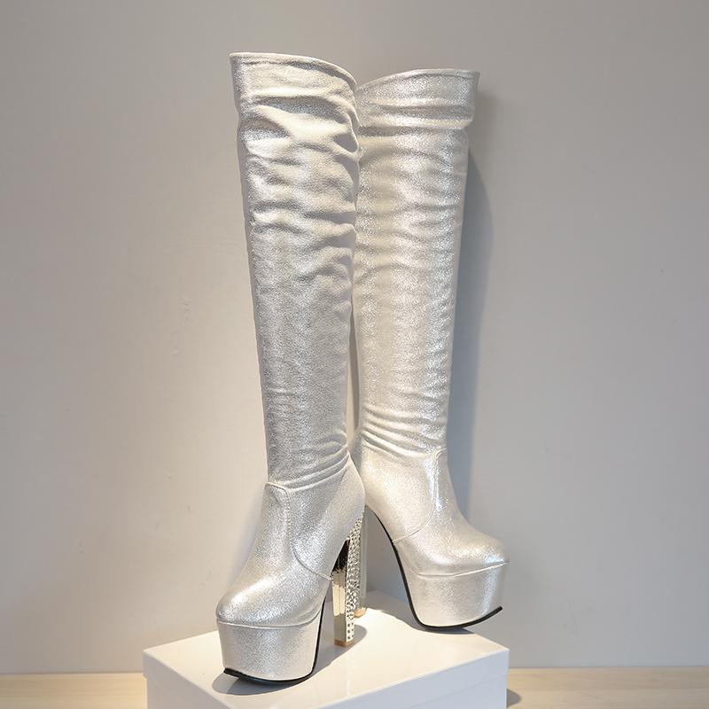 Módní platformové dámské kozačky nad koleno podzim zima luxusní flitrované kozačky nad koleno dámské vysoký podpatek modrá zlatá stříbrná párty obuv