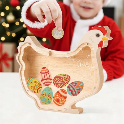 Wooden Piggy Bank for Kids Unbreakable Rabbit Chicken Coin Bank Cute Saving Coin Jar Christmas Birthday Easter Gift for Boys Girls