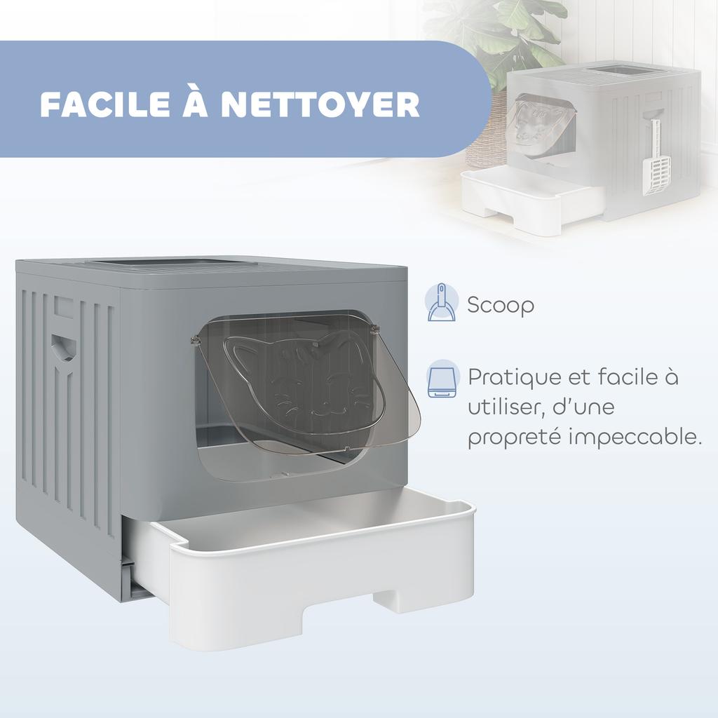 Cat Litter Box, Sliding Drawer, Lid, 2 Adjustable Doors, Detachable Scoop, 48 x 38 x 38.5 cm, Grey