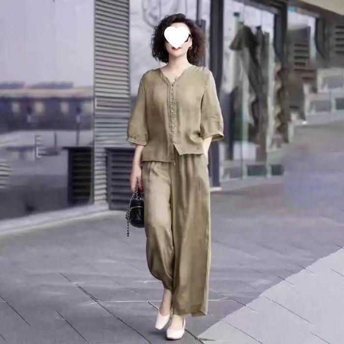 Suit Women's Slim Summer Casual Korean Style Middle-aged Mother's Top Collar Wide-leg Pants Two-piece Set for Women