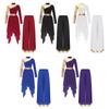 S-XXL Womens Worship Praise Dance Costume Long Sleeve Asymmetrical Hem Dress and Wide Leg Pants Contrast Color Dancewear Outfits