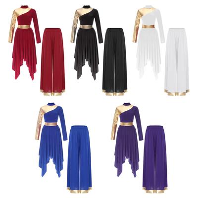 Damen Lobpreis-Tanzkleidungs-Set S-XXL: Asymmetrisches Langarmkleid & Weitbeinige Hosen in Kontrastfarbe für Kirchenaufführung