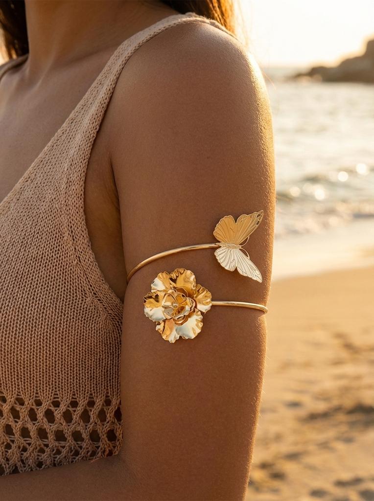 Boho Butterfly Flower Upper Arm Cuff Adjustable Metal Armband Exaggerated Arm Bracelet Summer Beach Jewelry Women