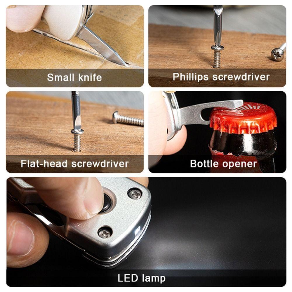Mit LED-Taschenlampe Klapp-Mini-Schraubendreher 6-in-1 Flaschenöffner Tragbares Schlüsselanhänger-Messer