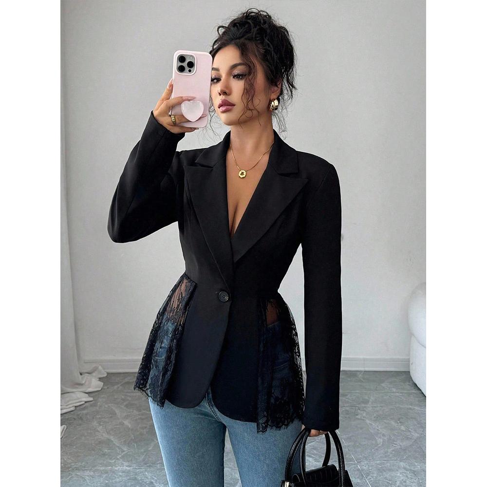 

The 2025 autumn/winter new contrasting color lace waist-fitted A-line women s suit jacket M