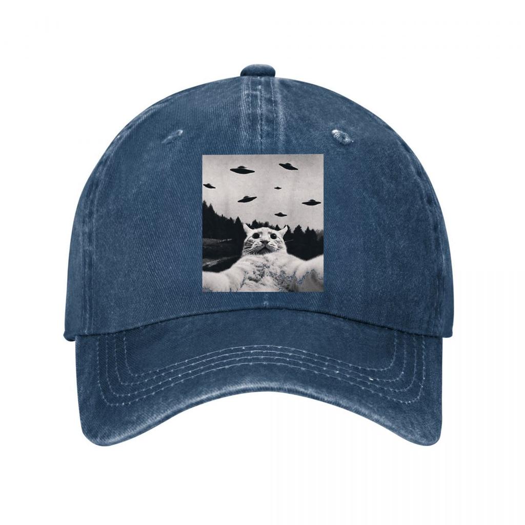 Funny Cat UFO Vintage Black White Wall Art Washed Baseball Cap Outdoor For Womens Unisex FeUnisex