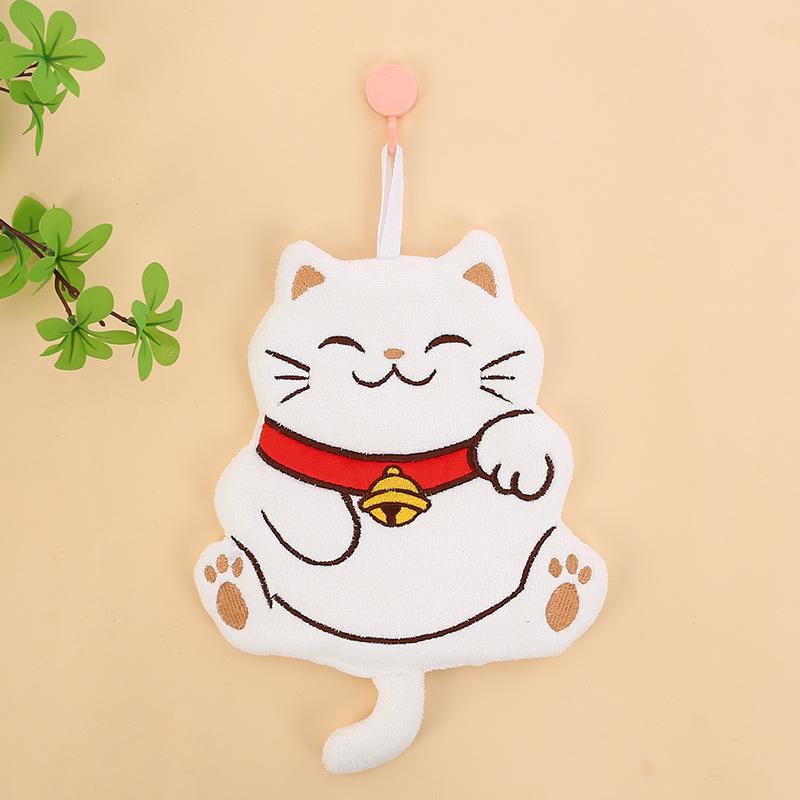 Lucky Cat Coral Fleece Cartoon Hanging Towel for Kitchen & Bathroom - Soft & Child-Friendly