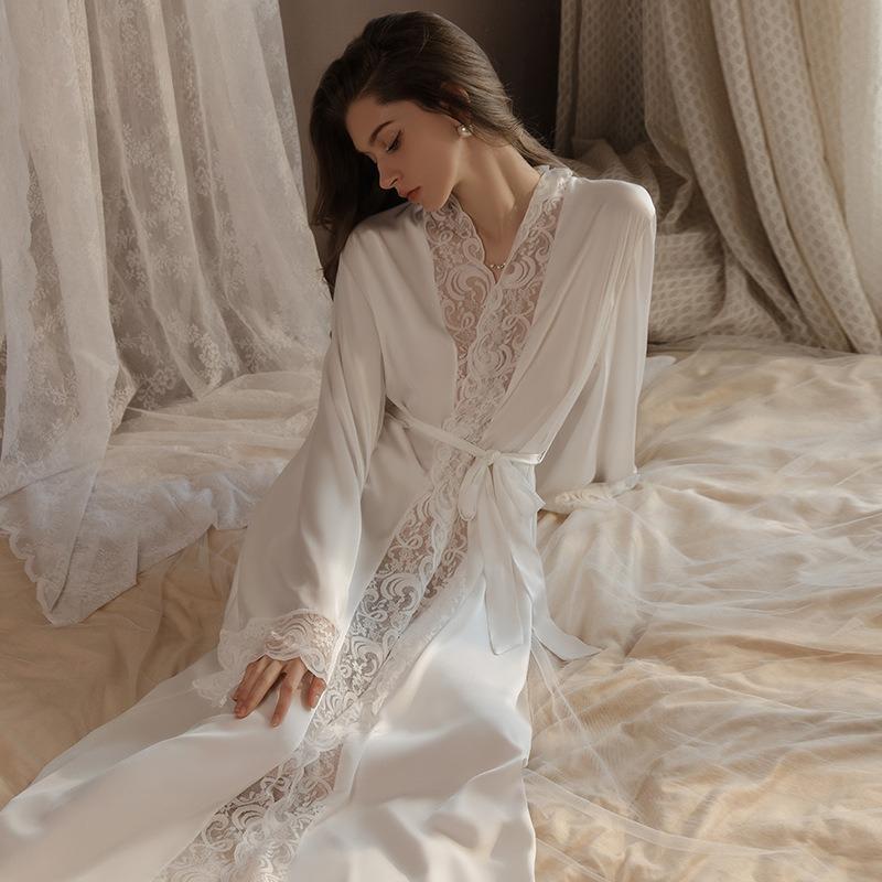 Women’s Silky Satin Lace Long Robe with Belt Plus Size Loungewear