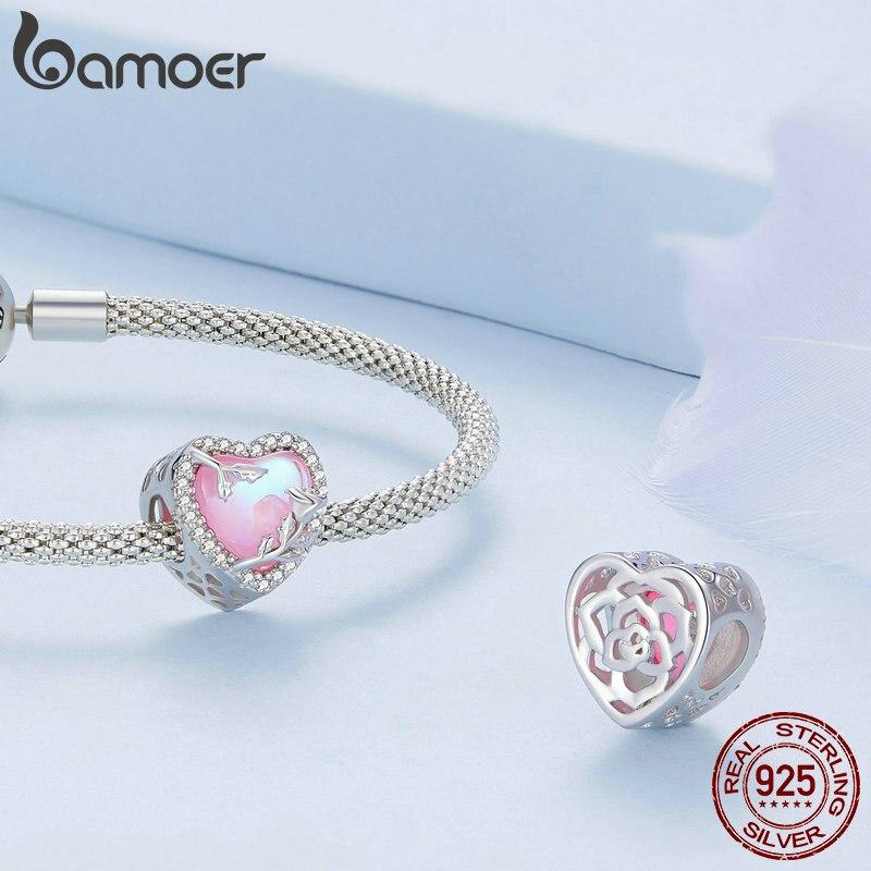 BAMOER 925 Sterling Silver Pink Guardian Heart Visící korálek Dutá růže Nýt Love Charms pro ženy Náramek a náhrdelník pro vlastní potřebu