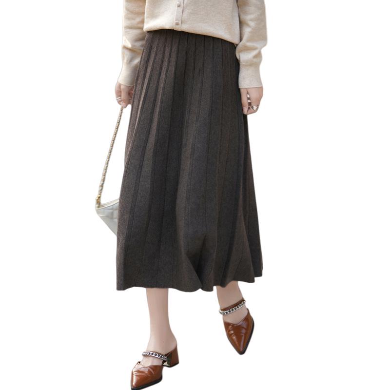 Women's Gray High-Waist Pleated A-line Skirt for Autumn/Winter - Mid-Length, Slimming, Petite Fit