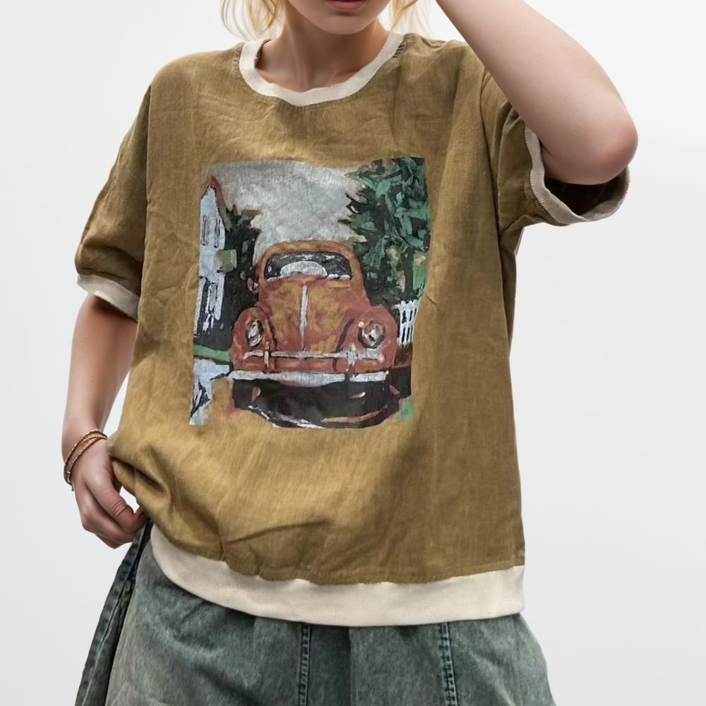 

DIMANAF 2024 Новая льняная футболка больших размеров, летняя женская футболка с коротким рукавом и свободным узором, базовые топы с круглым вырезом и принтом, новая футболка большого размера 3XL