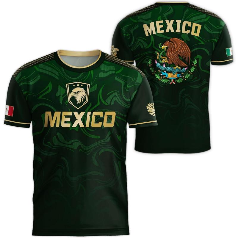 Maglietta da uomo con stampa bandiera nazionale del Messico, divertente pattern 3D di aquila, manica corta, abbigliamento sportivo da esterno per calcio, top casual